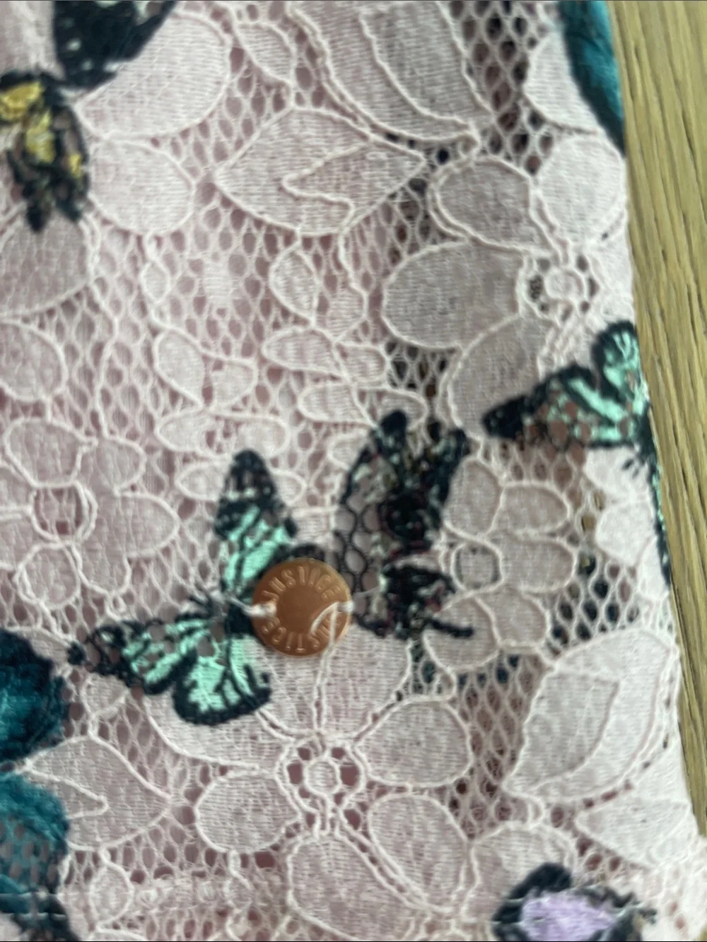 Justice Pink Lace Top with Teal and Purple Butterfly Print